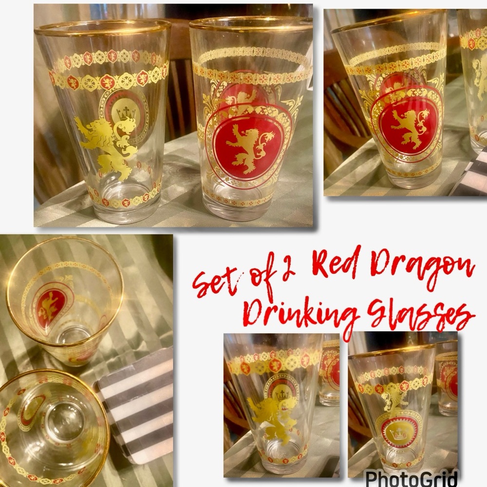 Elegant Red and Gold Dragon Glass Set